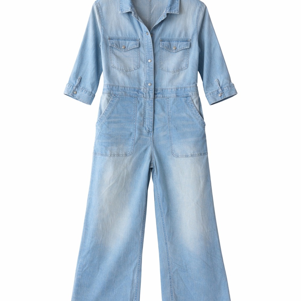 Lana Roux Denim Utility Jumpsuit Women’s XL Light Wash Wide Leg Coveralls